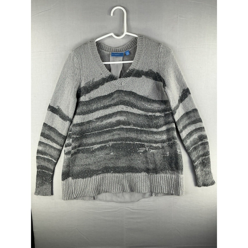 Simply Vera Vera‎ Wang Gray Striped V-Neck Knit Sweater Women's Medium